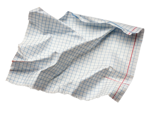 Crumpled paper lies on surface showcasing blue grid pattern with red accents creating visually appealing texture