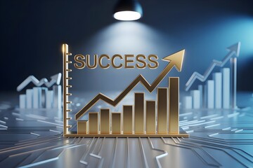 Golden success bar chart with upward arrow business growth concept 3D render financial analytics progress achievement spotlight background