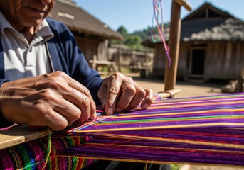 Close-up of hands weaving vibrant, colorful threads on a traditional loom, with a rustic village house in the background.