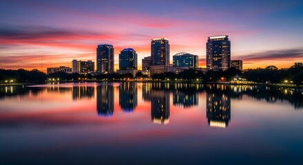 Naklejka premium Vibrant city skyline mirrored in tranquil waters at sunset, a picturesque blend of urban architecture and serene nature, captivating colors paint the evening sky.