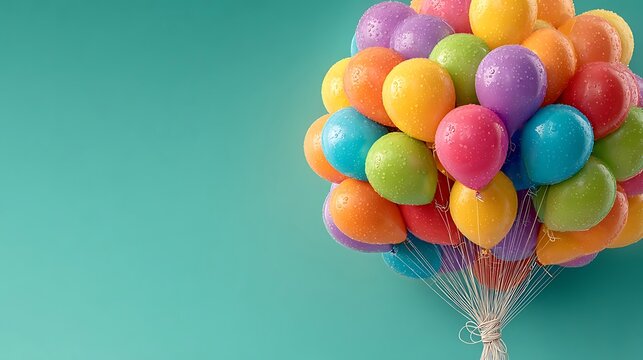 Colorful Bunch of Balloons Floating on Teal Background
