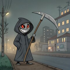 A cartoon character dressed in a dark hooded robe stands on a street at night. The character has a mischievous smile and holds a large scythe. City buildings are in the background.