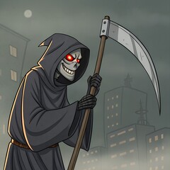 A cartoon grim reaper character stands in a cityscape at night. The figure has a skeletal face, glowing red eyes, and holds a large scythe. Buildings are visible in the background.