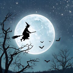 A silhouette of a witch flying on a broomstick against a full moon. Bats are flying in the night sky, surrounded by dark trees and stars.