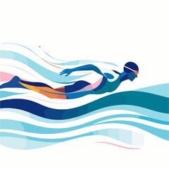 Abstract Swimmer Graphic Silhouette in Blue Aqua and Orange Waving Through Water Depicting Motion and Activity on White Background