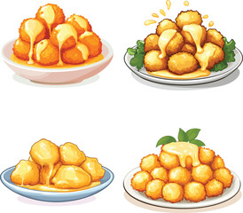 Golden Cheese Nuggets With Melted Sauce cartoon vector style on white background
