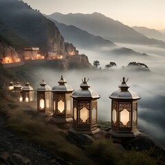 Moroccan-Korean Lanterns Floating in Misty Mountain Pass
