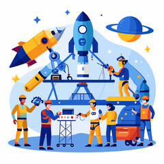 Animated Rocket Construction Scene with Engineers and Tools against a Light Blue Background with Stars and Planet