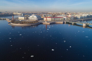 View from a height on the Spit of Vasilyevsky Island on a sunny April morning (aerial photography)....