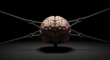 Constrained Cognition A human brain, bound by taut wires against a stark black backdrop, evokes feelings of confinement and mental struggle. The image portrays a powerful message.