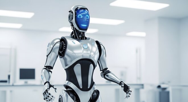Futuristic humanoid robot stands in a sterile white laboratory, its digital face displaying a friendly expression. A symbol of technological advancement and artificial intelligence. - Powered by Adobe