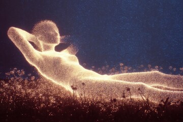A glowing figure lying in a field.