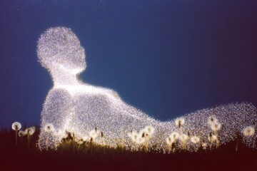 A glowing figure lying in a field.