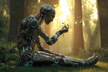  The robot blows a dandelion flower.