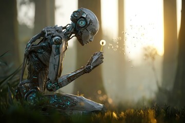  The robot blows a dandelion flower.