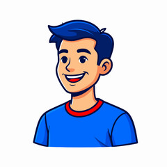 Cartoon Portrait of Smiling Young Man with Blue Shirt and Dark Blue Hair in Front of White Background