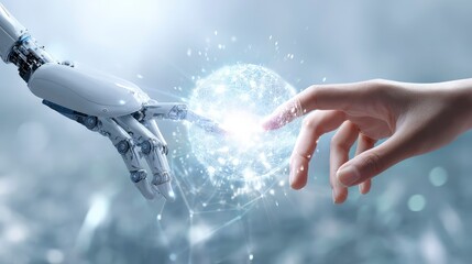 Robotic and human hands nearly touching in the white  background