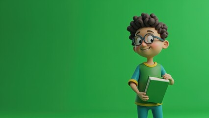A cartoon boy is standing on a green background with a green book in his hands. free space for text