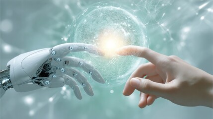 Robotic and human hands nearly touching in the white  background