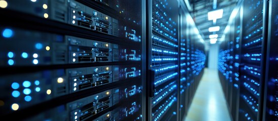 Rows of server racks illuminated by blue lights