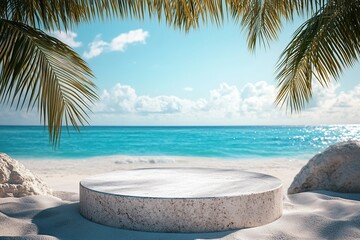 Stone podium on sandy beach with blue ocean background under clear sky