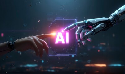 A human hand and a robotic hand reaching out toward each other, A Futuristic digital concept of artificial intelligence.
