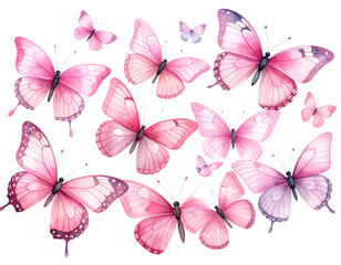 “Set of Soft Pink Watercolor Butterflies in Flight, isolated on a transparent background”