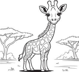Cute cartoon giraffe standing in a savanna landscape trees bushes © MOHAMMAD
