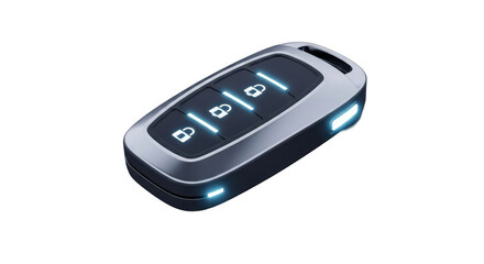 A close-up studio shot of a modern car key fob with illuminated buttons, isolated on white.
