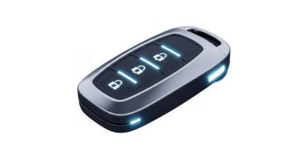 A close-up studio shot of a modern car key fob with illuminated buttons, isolated on white.