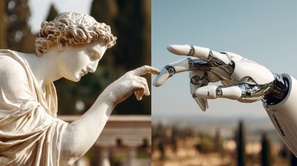 The statue and the robot stretch their hands toward each other and lightly touch with their index fingers. 
