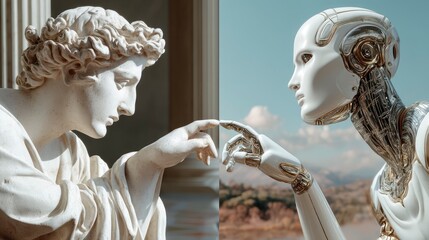 The statue and the robot stretch their hands toward each other and lightly touch with their index fingers. 