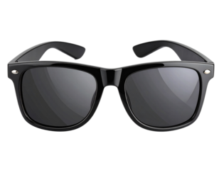 “Open Black Wayfarer Sunglasses in Front View with Slight Tilt, isolated on a transparent background”