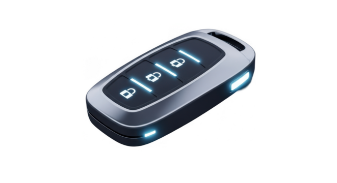 A close-up studio shot of a modern car key fob with illuminated buttons, isolated on white.