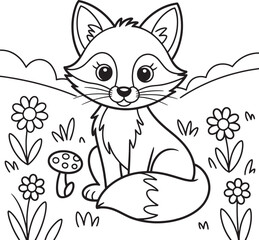 Cute fox sitting among flowers and mushroom animal nature