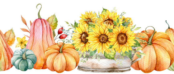 Seamless Fall Garland with Pumpkins, Sunflowers and Leaves. Fall Seamless Horizontal  Background. Autumn Watercolor Illustration. Fall Flower Design. Fall Botanical garland seamless. Border Frame