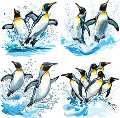 King Penguins Diving Ocean Splash Wildlife cartoon vector style on white background