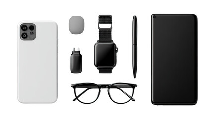 Premium product mockup of smartwatch, smartphone, glasses, and pen on transparent background

