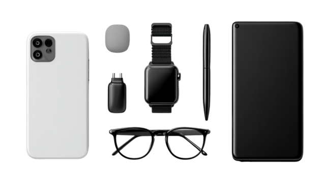 Premium product mockup of smartwatch, smartphone, glasses, and pen on transparent background