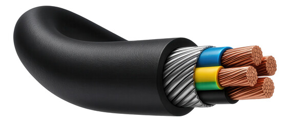 Thick insulated armored cable with a waterproof coating for running power to a garage in a suburban house.