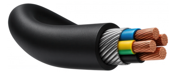 Thick insulated armored cable with a waterproof coating for running power to a garage in a suburban house.
