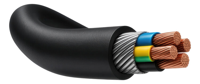 Thick insulated armored cable with a waterproof coating for running power to a garage in a suburban house.
