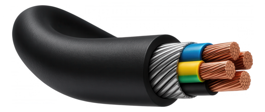Thick insulated armored cable with a waterproof coating for running power to a garage in a suburban house.