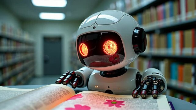 Robot in library exploring and studying of books, carefully reading it.