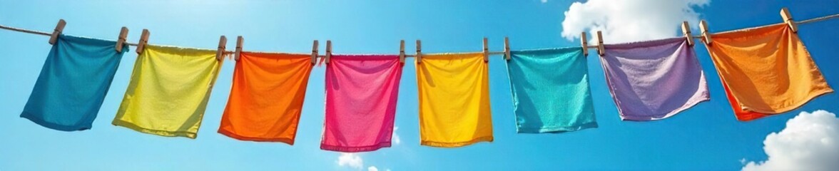 Colorful Clothes Drying on Rustic Wooden Clothesline on a Bright Summer Day