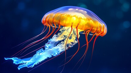 A luminous orange and blue jellyfish floats gracefully in the deep ocean