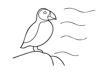 Outline a puffin bird perched on a rock with wavy lines on graphic animal