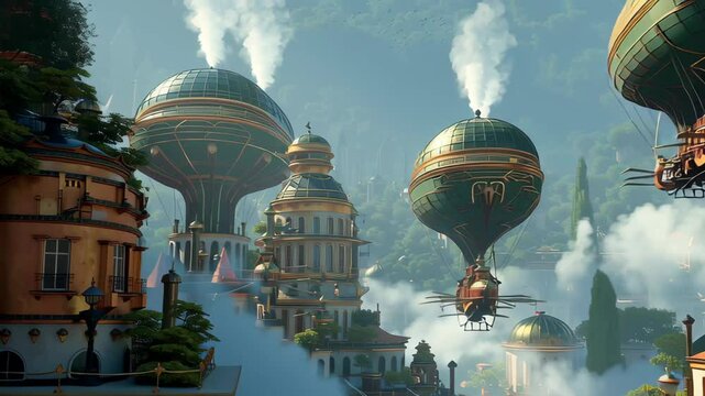 Floating domed cities with steam-powered airships drift in dreamy sky filled with clouds. Concept of steampunk fantasy civilization