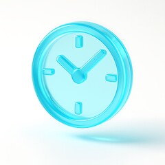Shiny blue glass clock face with hour and minute hands isolated on white background