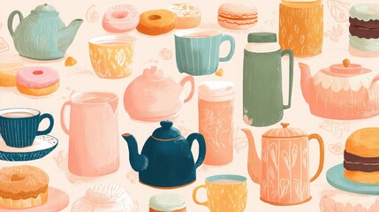 Repeating tea time pattern with cups, teapots, and pastries in pastel tones